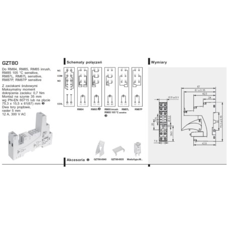 GNIAZDO PRZEKAŹNIKA GZT-80 RELPOL NA SZYNĘ DIN35 BEZ OBEJMY