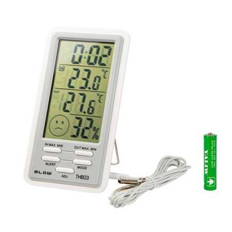 MIERNIK TERMO-HIGROMETR TEMPERATURY I WILGOTNOŚCI Z ZEGARKIEM TH803 BLOW LCD