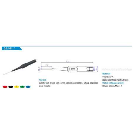 KOŃCÓWKA SONDA POMIAROWA ŻÓŁTA IGŁA 20.161.3 GNIAZDO BANAN 4mm 73mm 30V 1A AMASS