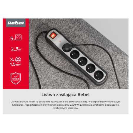 Listwa zasilająca Rebel 5 Gniazd z Wyłącznikiem 3m, 3x1,5mm