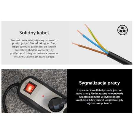 Listwa zasilająca Rebel 5 Gniazd z Wyłącznikiem 3m, 3x1,5mm