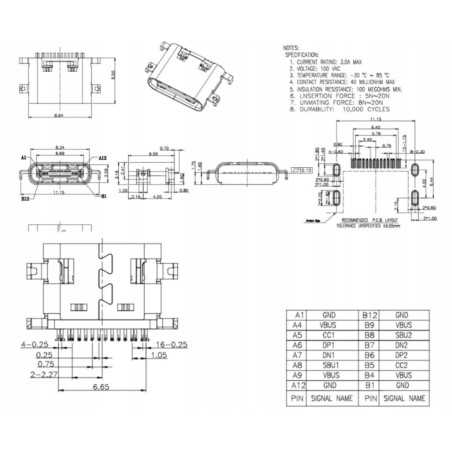 GNIAZDO USB C 3.1 16-PIN SMD 1,6m do SMARTFON TELEFON