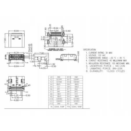 GNIAZDO USB C 3.1 24-PIN SMD do SMARTFON TELEFON